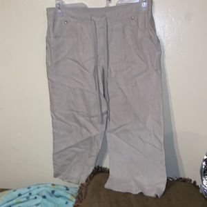 Beach Inc Drawstring Hem ivory linen CROP pants M Rhinestone/crystal buttons